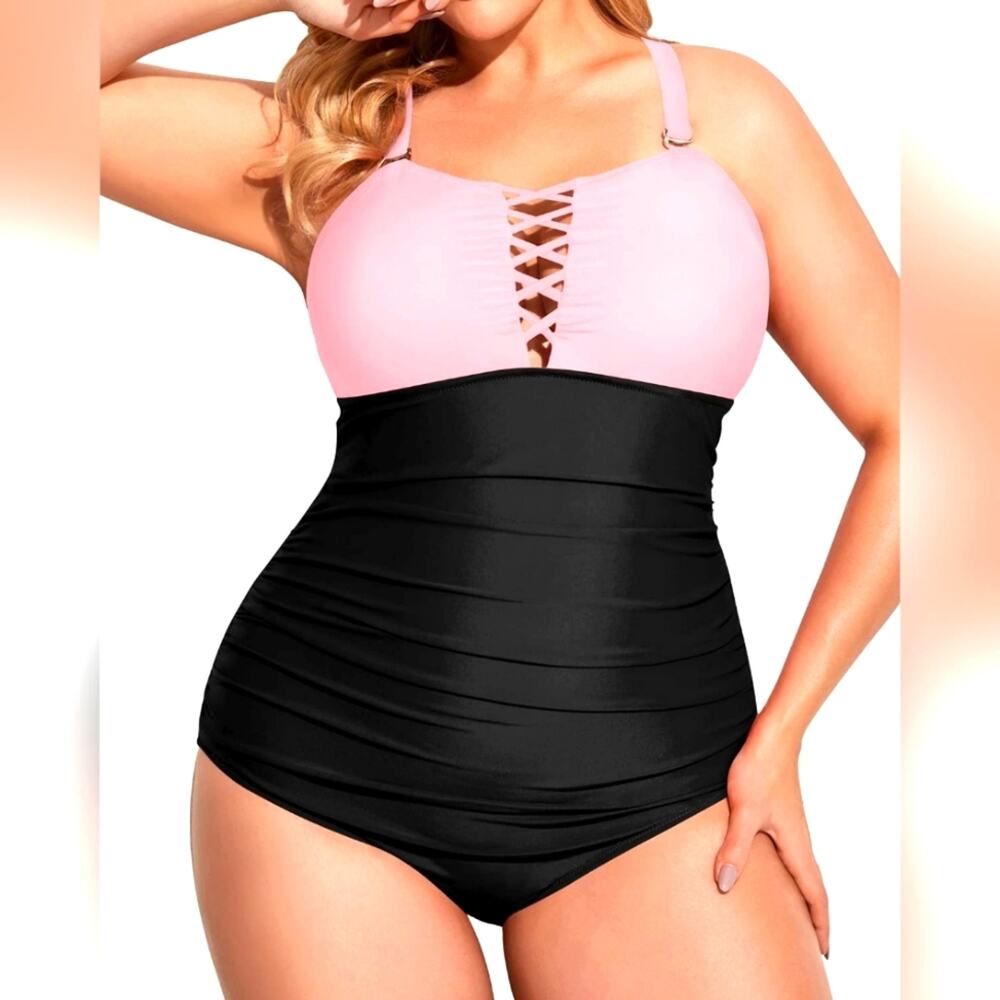 New Women's Peach Black Swimsuit One Piece Slimming Tummy Control Plus‎ Size 18